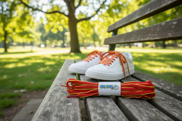 a pair of oval red and yellow shoelaces

