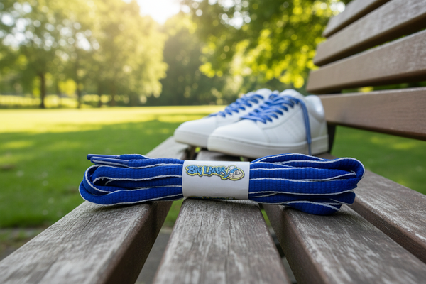 a pair of oval royal blue and white shoelaces

