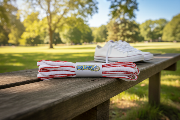 a pair of oval white and red shoelaces
