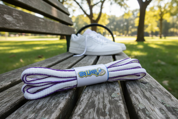 a pair of oval white and violet shoelaces
