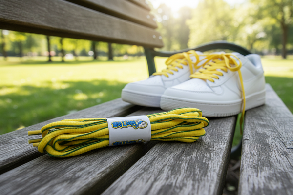a pair of oval green and yellow shoelaces
