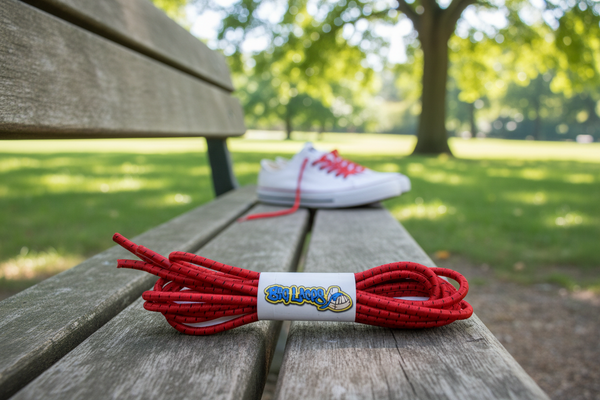 a pair of red with black fleck elastic lock shoelaces