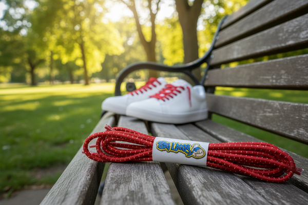 a pair of red with white fleck elastic lock shoelaces