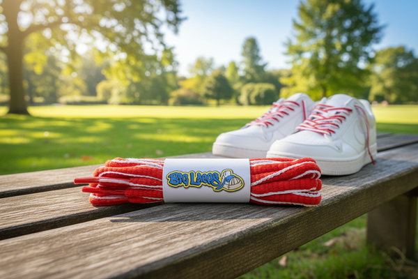 a pair of oval red and white shoelaces for running shoes