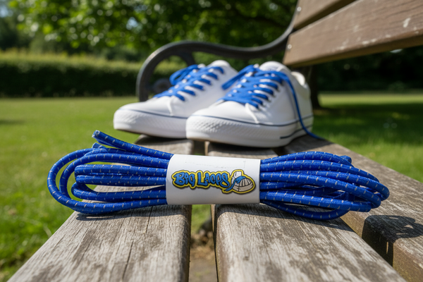 a pair of blue with reflective fleck elastic lock shoelaces
