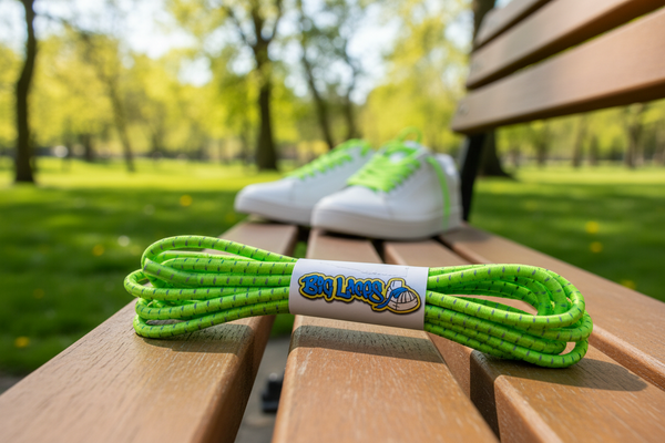 a pair of green with reflective fleck elastic lock shoelaces