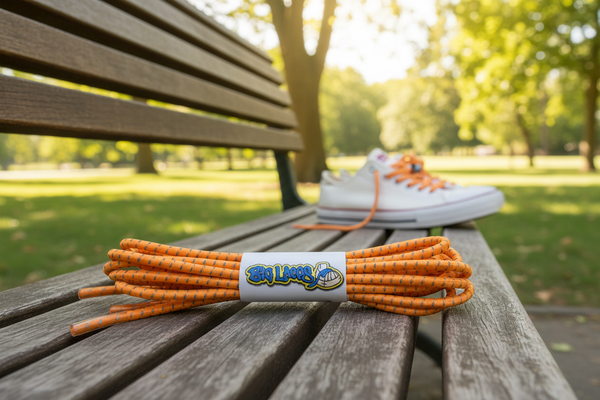 a pair of orange with reflective fleck elastic lock shoelaces