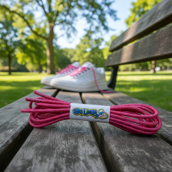 a pair of pink with reflective fleck elastic lock shoelaces