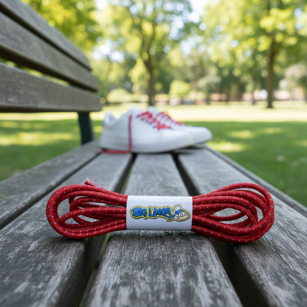 a pair of red with reflective fleck elastic lock shoelaces