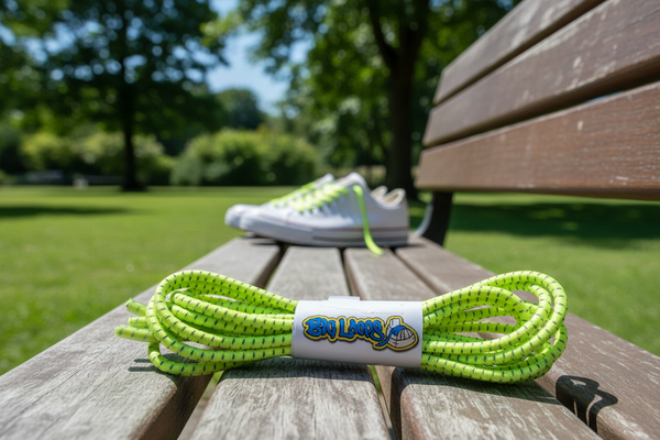 a pair of yellow with reflective fleck elastic lock shoelaces