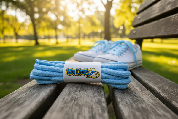 a pair of round 5mm wide baby blue shoelaces