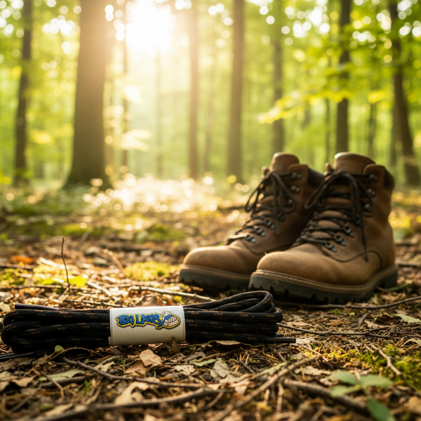 a pair of round black bootlaces with brown flecks suitable for hiking and walking boots