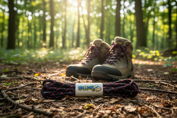 a pair of round black bootlaces with pink flecks suitable for hiking and walking boots
