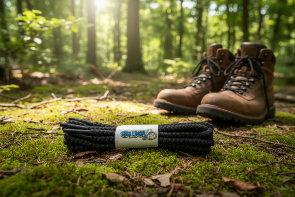 a pair of round black and dark brown bootlaces suitable for hiking and walking boots