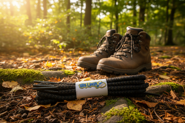 a pair of round black and dark brown bootlaces suitable for hiking and walking boots
