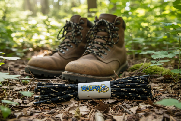 a pair of round black bootlaces with gold flecks suitable for hiking and walking boots