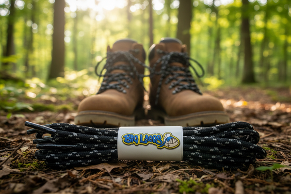 a pair of round black bootlaces with grey flecks suitable for hiking and walking boots
