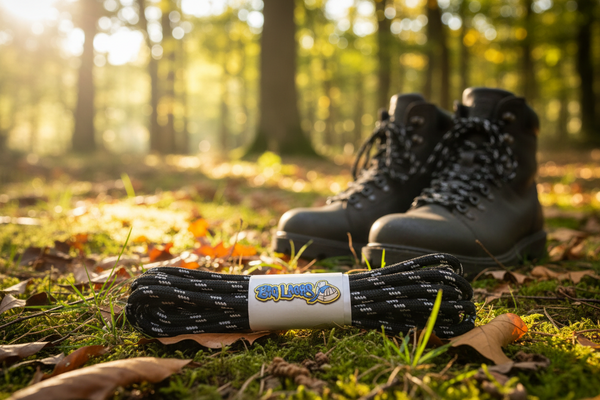 a pair of round black bootlaces with grey flecks suitable for hiking and walking boots