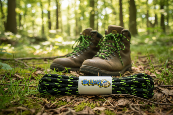 a pair of round black bootlaces with neon green flecks suitable for hiking and walking boots