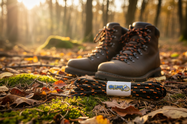 a pair of black bootlaces with orange flecks suitable for hiking and walking boots