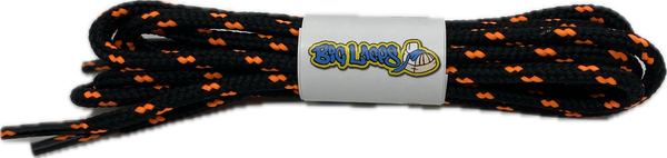 a pair of black bootlaces with orange flecks suitable for hiking and walking boots