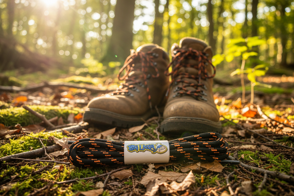 a pair of black bootlaces with orange flecks suitable for hiking and walking boots
