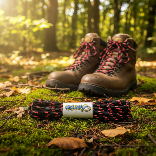 a pair of round black bootlaces with neon pink flecks suitable for hiking and walking boots