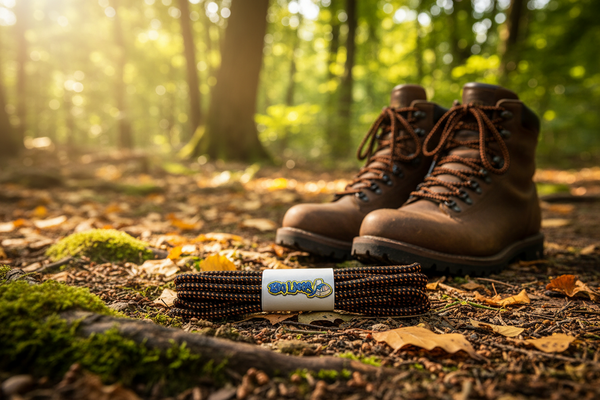 a pair of black bootlaces with orange pinpoints suitable for hiking and walking boots
