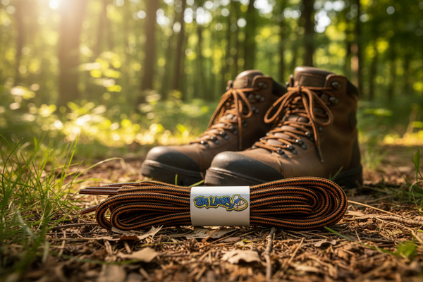 a pair of round black and orange bootlaces suitable for hiking and walking boots