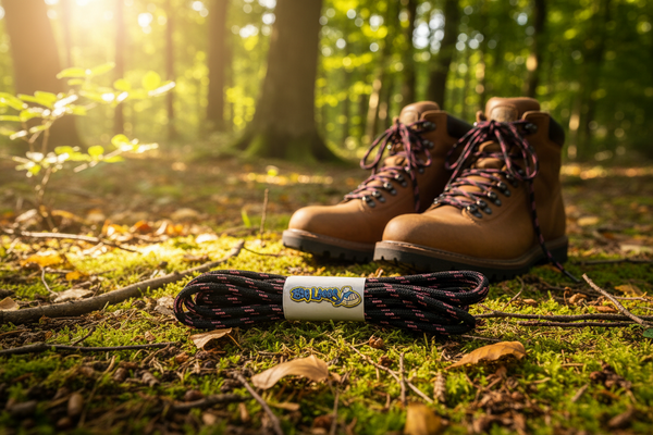 a pair of black bootlaces with pink flecks suitable for hiking and walking boots
