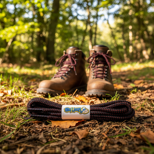 a pair of round black bootlaces with red dots suitable for hiking and walking boots
