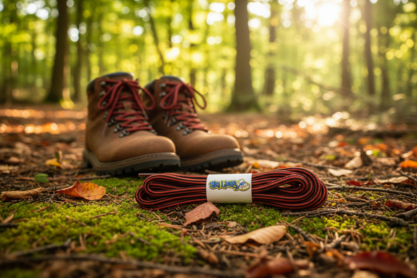 a pair of round black and red bootlaces suitable for hiking and walking boots