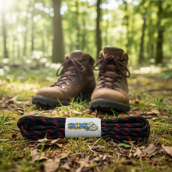 a pair of round black bootlaces with red flecks suitable for hiking and walking boots
