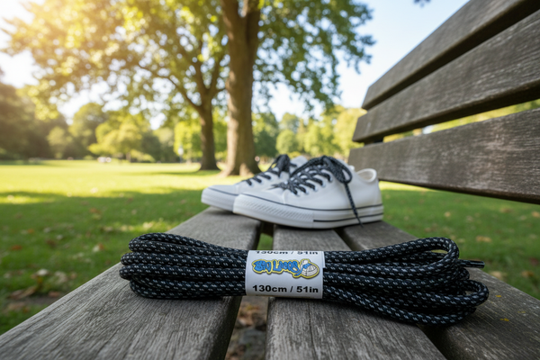 a pair of rope style 5mm wide black shoelaces with a reflective weave