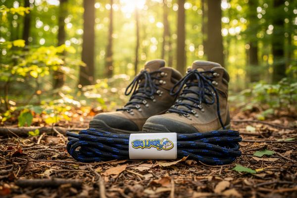 a pair of round black bootlaces with royal blue flecks suitable for hiking and walking boots