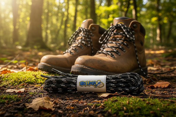 a pair of round black bootlaces with silver flecks suitable for hiking and walking boots