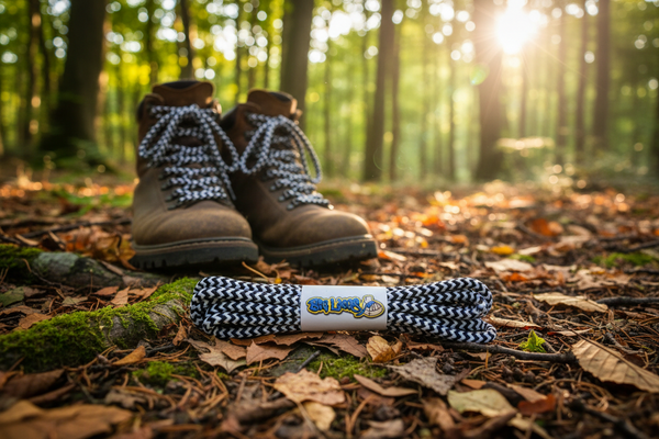 a pair of round black and white bootlaces suitable for hiking and walking boots
