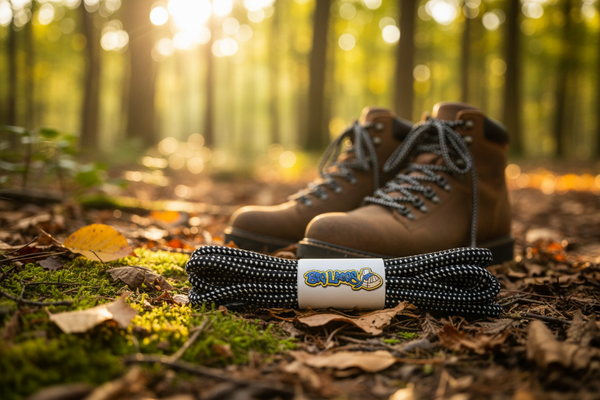 a pair of round black bootlaces with white dots suitable for hiking and walking boots
