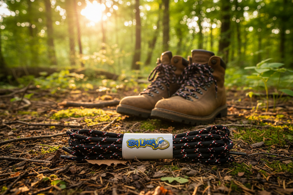 a pair of round black bootlaces with white and red flecks suitable for hiking and walking boots