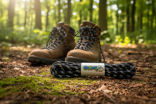 a pair of round black bootlaces with white flecks suitable for hiking and walking boots