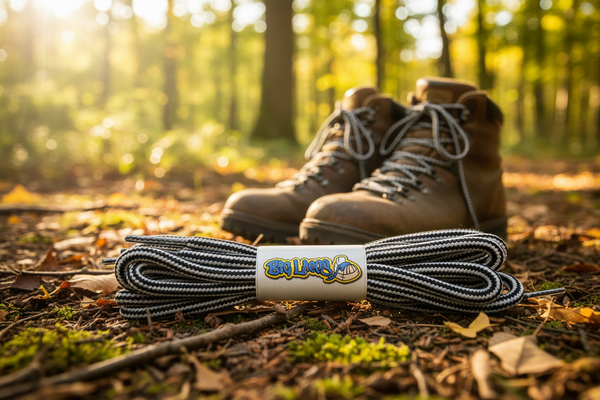 a pair of round black and white bootlaces suitable for hiking and walking boots