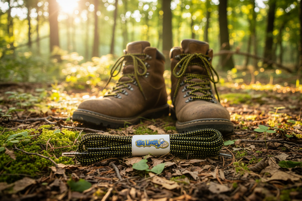 a pair of black bootlaces with yellow pinpoints suitable for hiking and walking boots