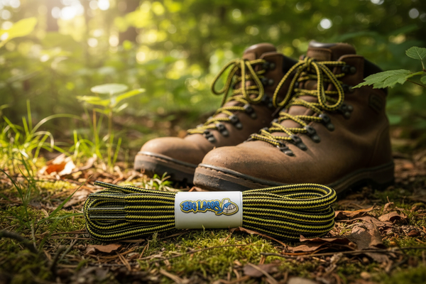 a pair of round black and yellow bootlaces suitable for hiking and walking boots