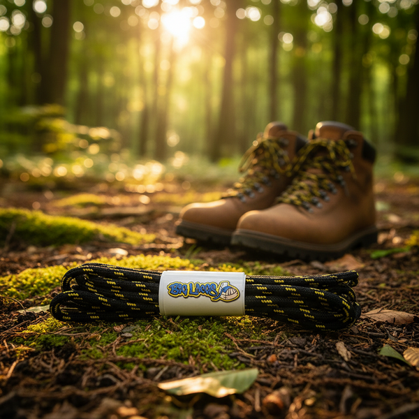 a pair of round black bootlaces with yellow flecks suitable for hiking and walking boots