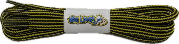 a pair of round black and yellow bootlaces suitable for hiking and walking boots