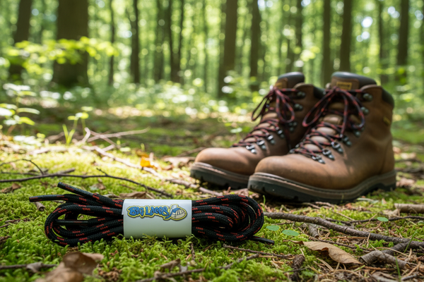 a pair of round black bootlaces with red flecks suitable for hiking and walking boots
