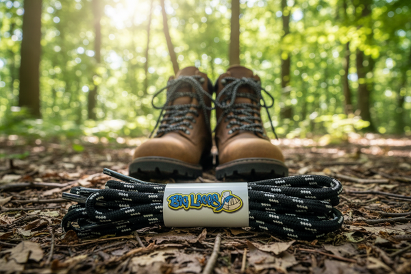a pair of round black bootlaces with white flecks suitable for hiking and walking boots