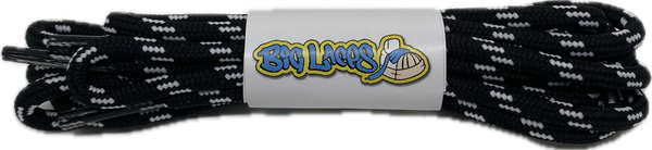 a pair of round black bootlaces with white flecks suitable for hiking and walking boots
