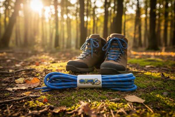 a pair of round blue laces with a reflective weave