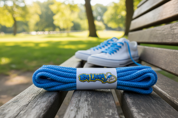 a pair of round 4mm wide blue shoelaces

